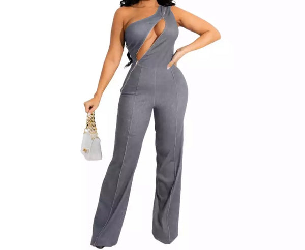 Women Fashion Sleeveless Zip Up Wide Leg Jumpsuit