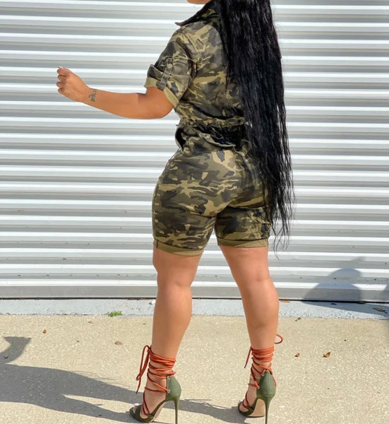 Women Fashion Button Up Short Sleeve Camouflage Romper