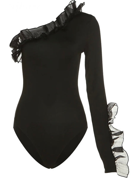 Women Sexy Ruffled One Shoulder Black Bodysuit Top