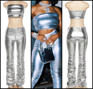 Women Sexy Silver Strapless Crop Two Piece Pant Set