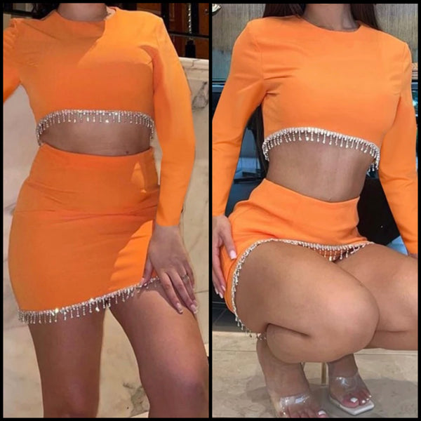 Women Sexy Orange Bling Tassel Full Sleeve Crop Two Piece Skirt Set