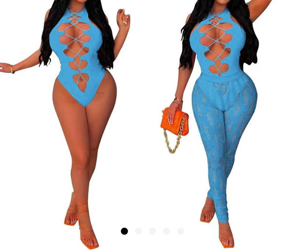 Women Sexy Sleeveless Hollow Out Lace Up Two Piece Pant Set