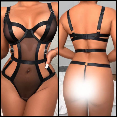 Women Sexy Black Mesh Hollow Out Bodysuit Lingerie