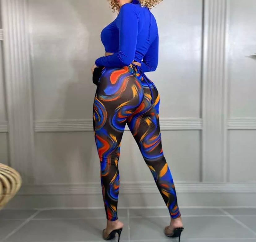Women Sexy Two Piece Crop Color Print Pant Set