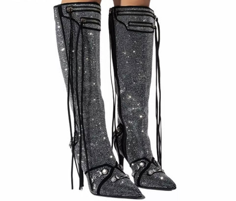 Women Fashion Bling Tassel Zipper Knee High Boots