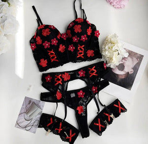 Women Pearl Floral Mesh Sexy Lingerie Set