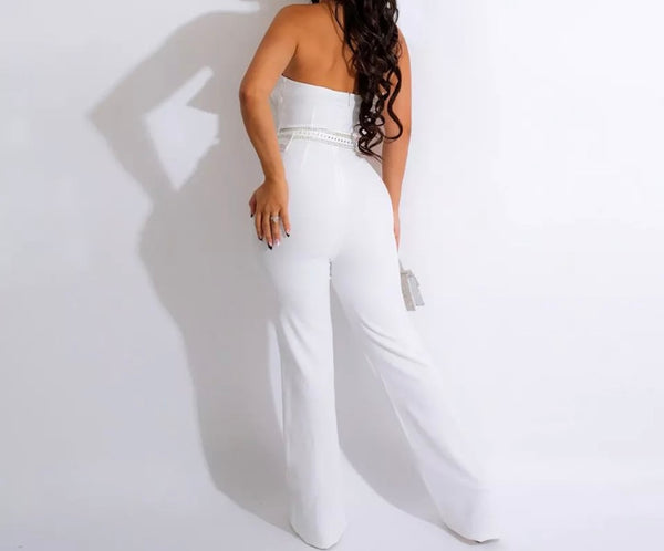 Women Strapless Sexy Bling Belted Jumpsuit