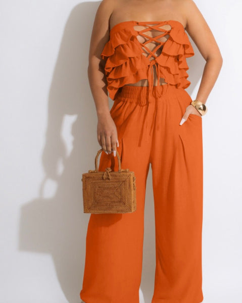 Women Ruffled Sleeveless Crop Two Piece Wide Leg Pant Set