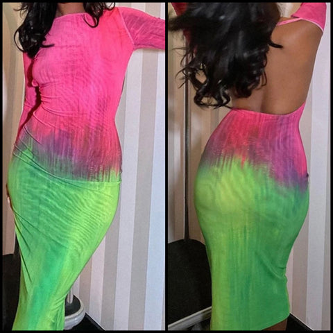 Women Sexy Color Patchwork Open Back Full Sleeve Maxi Dress