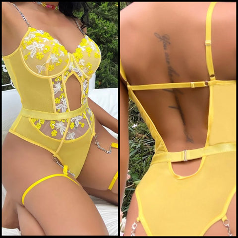 Women Yellow Floral Sexy Mesh Bodysuit Lingerie Set