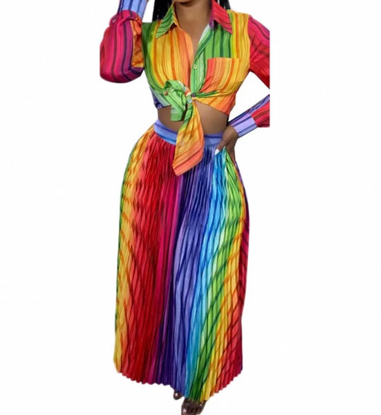 Women Fashion Full Sleeve Button Up Rainbow Striped Two Piece Maxi Skirt Set