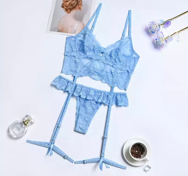 Women Sexy Blue Lace Lingerie Set