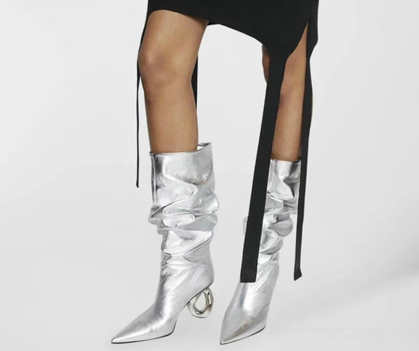 Women Ruched Pointed Toe Fashion Metal Heel Mid-Calf Boots