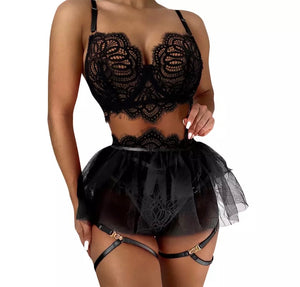 Women Sexy Mesh Lace Black Three Piece Lingerie Set