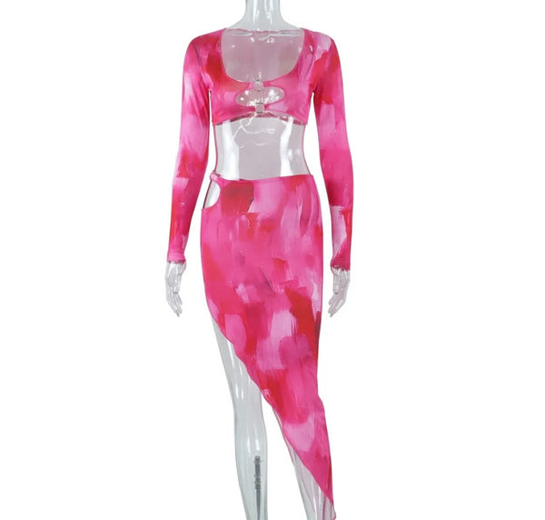 Women Sexy Pink Tie Dye Long Sleeve Two Piece Skirt Set