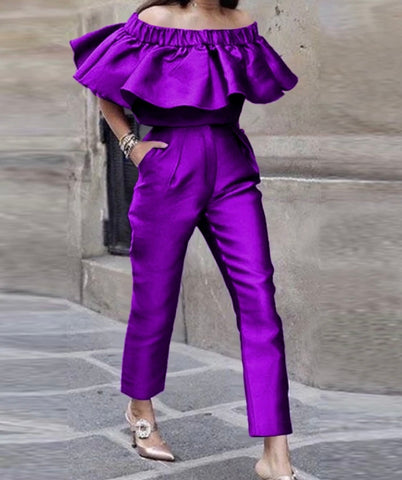 Women Fashion Purple Ruffled Off The Shoulder Two Piece Pant Set