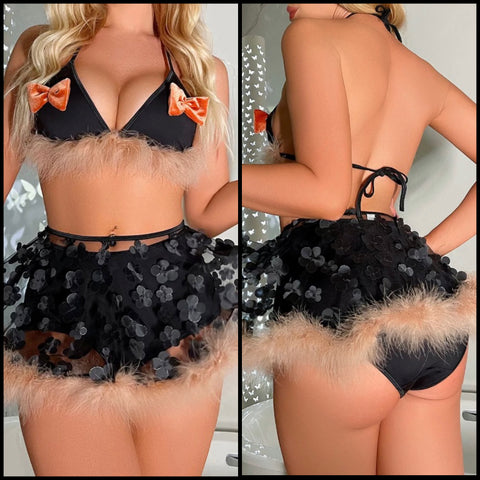 Women Sexy Faux Fur Patchwork Lingerie Set