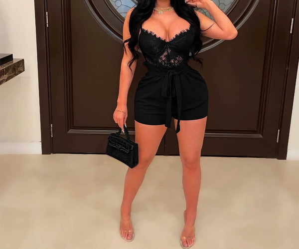 Women Lace Patchwork Tie Up Sexy Sleeveless Romper