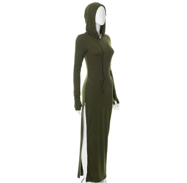 Women Fashion Hooded Side Zipper Full Sleeve Maxi Dress