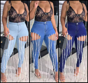 Women Fashion String Denim Pants