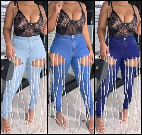 Women Fashion String Denim Pants