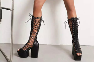 Women Fashion Faux Leather Lace Up Platform Open Toe Boots