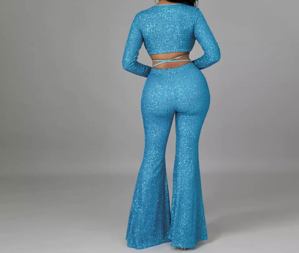 Women Sexy Crop Sequins Two Piece Pant Set