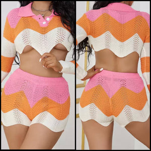 Women Sexy Long Sleeve Color Patchwork Knitted Two Piece Short Set