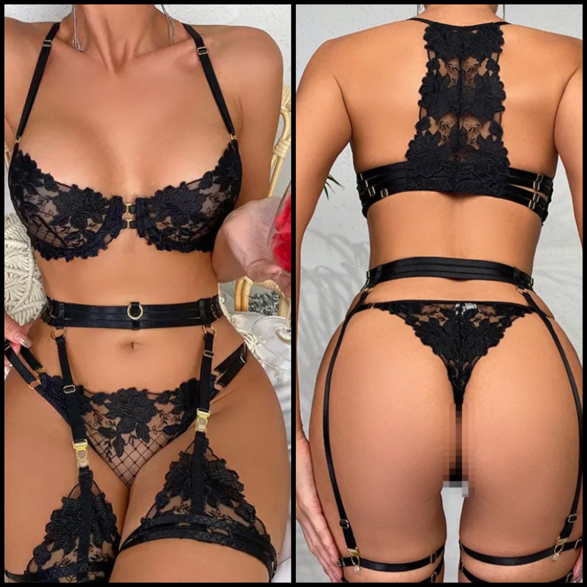 Women Sexy Floral Lace Mesh Black Lingerie Set