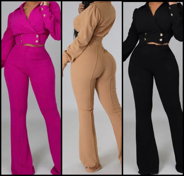 Women Fashion Full Sleeve Crop Blazer Two Piece Pant Set