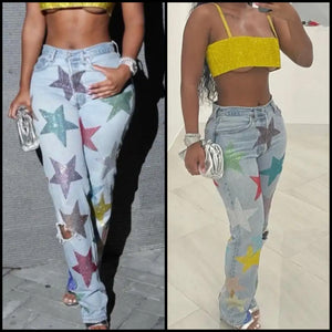 Women Colorful Star Print Fashion Denim Pants
