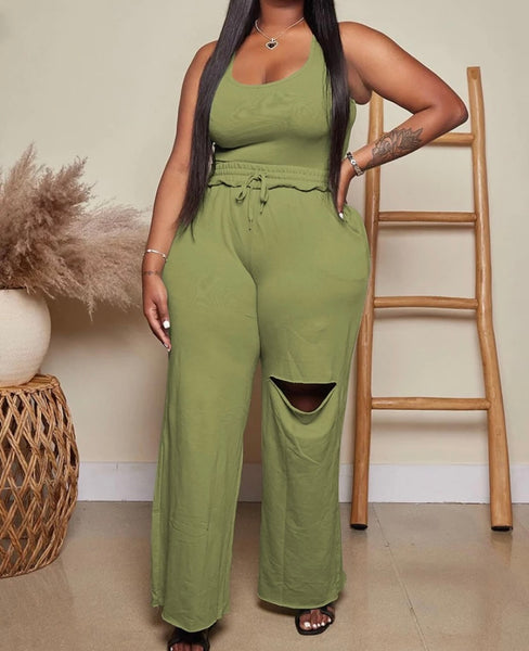Women Solid Color Sleeveless Bodysuit Two Piece Ripped Pant Set