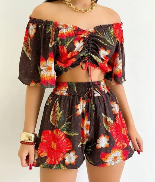 Women Printed Off The Shoulder Ruffled Short Sleeve Two Piece Short Set