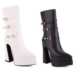 Women Pointed Toe Buckled Platform Boots