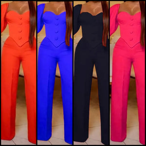 Women Sexy Fashion Solid Color Two Piece Wide Leg Pant Set