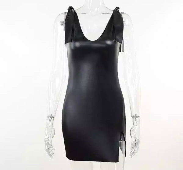 Women Sleeveless PU Side Split Sexy Dress