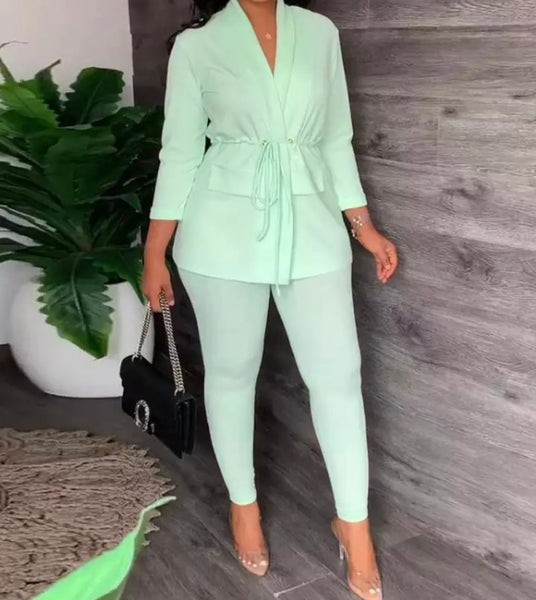 Women Two Piece Solid Color Fashion Blazer Pant Set