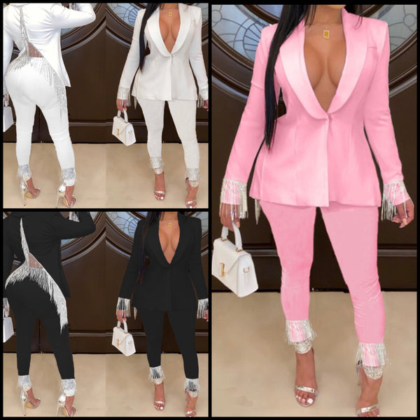 Women Solid Color Bling Tassel Blazer Two Piece Pant Set