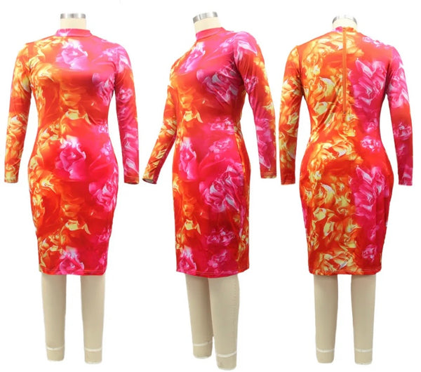 Women Sexy Color Patchwork Floral Full Sleeve Dress