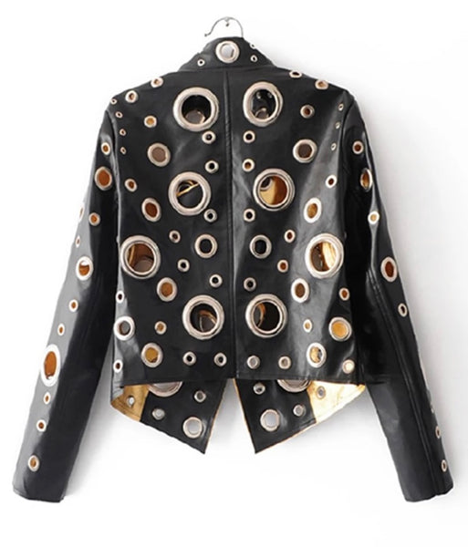 Women Leather Fashion Metallic Hollow Out Jacket