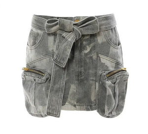 Women Fashion Gray Camouflage Pocket Denim Skirt