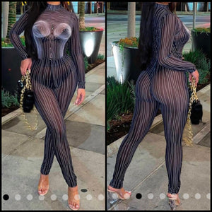 Women Sexy Mesh Printed Full Sleeve Two Piece Pant Set