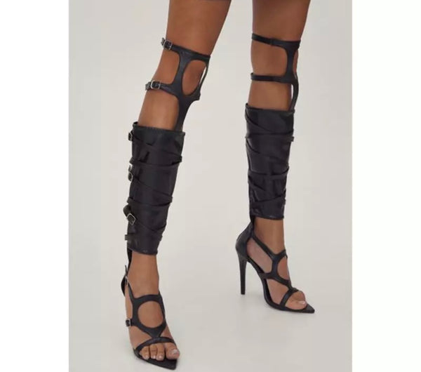 Women Pointed Toe Leather Buckled Gladiator Sandals