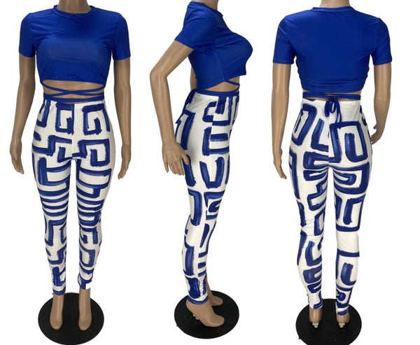 Women Lace Up Crop Two Piece Printed Pant Set