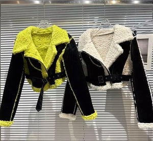 Women Fashion Warm Wool Color Patchwork Buckled Crop Jacket