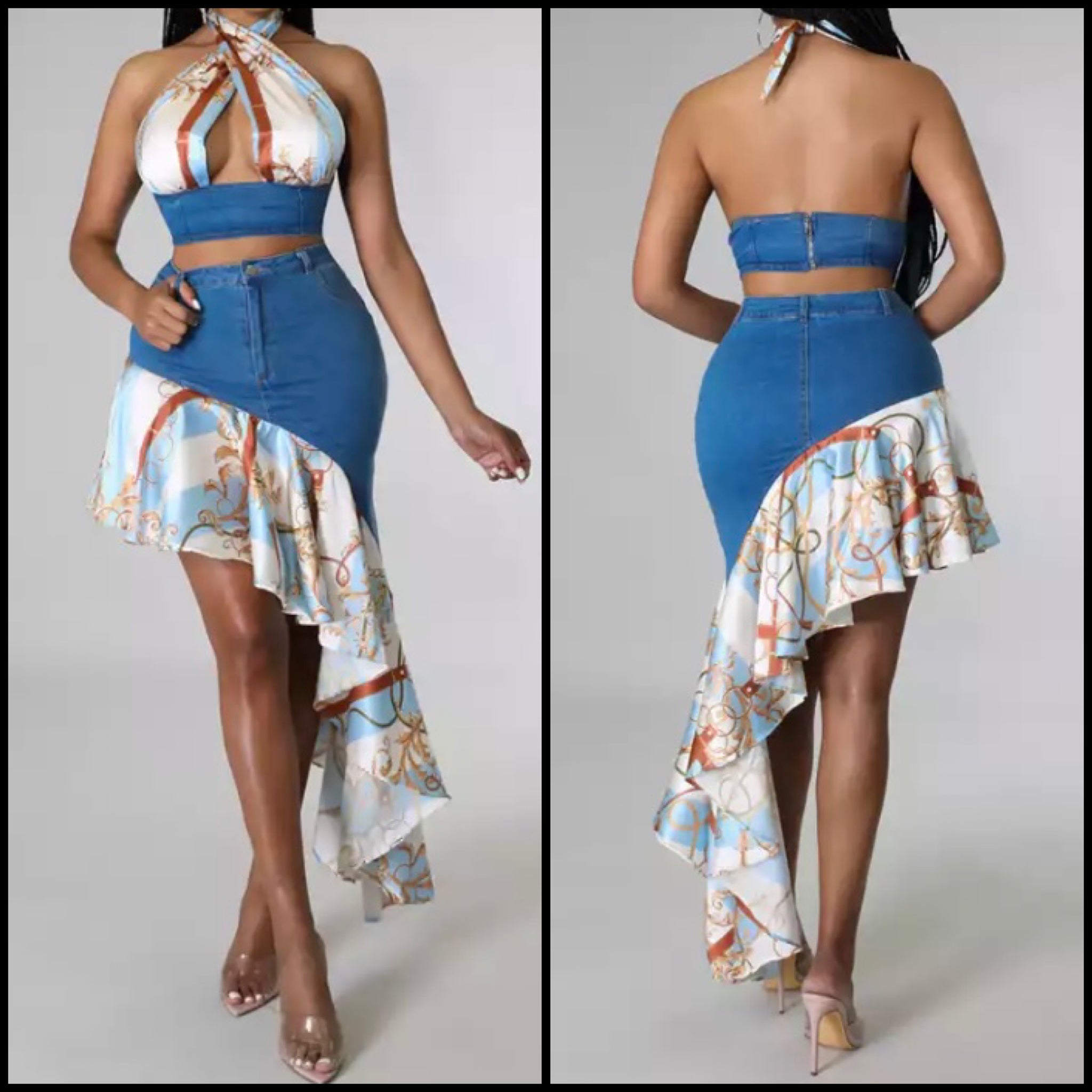 Women Sexy Halter Denim Patchwork Two Piece Skirt Set