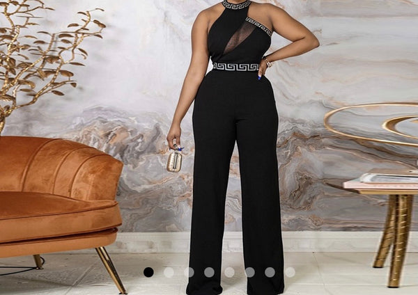 Women Sleeveless Mesh Patchwork Wide Leg Black Jumpsuit