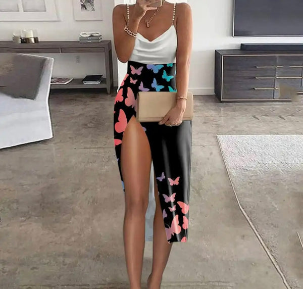 Women Sexy Sleeveless Printed High Side Slit Dress