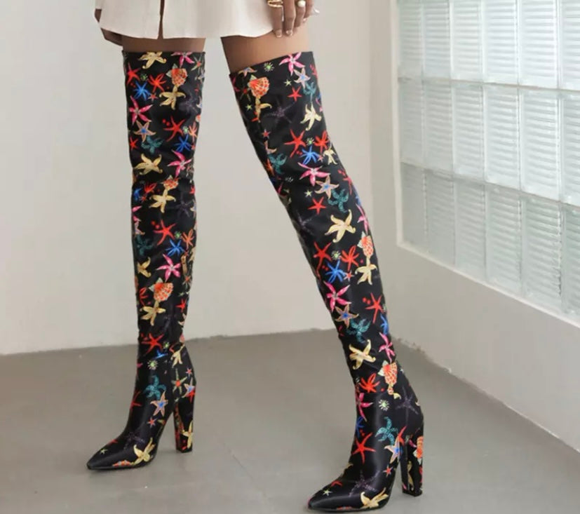 Women Multicolored Print Pointed Toe Fashion Over The Knee Boots