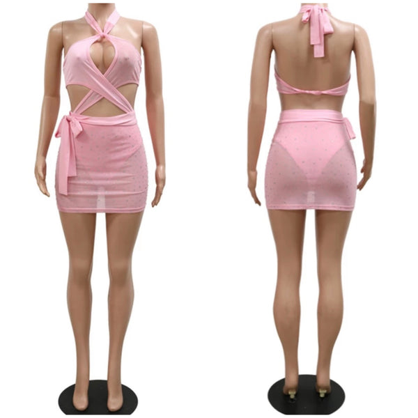 Women Sexy Pink Bling Mesh Patchwork Halter Dress